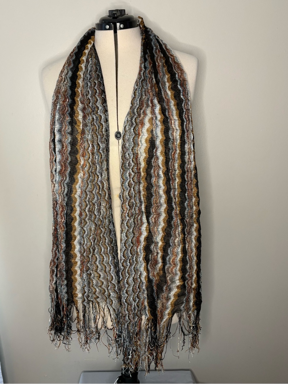 Striped Textured Fringe Scarf in Brown, Black & Gray